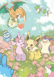 Rule 34 | azumarill, blush, charizard, closed eyes, creatures (company), crown, espeon, fiery tail, fire, flower, forehead jewel, forked tail, game freak, gen 1 pokemon, gen 2 pokemon, gen 4 pokemon, grass, green eyes, green hair, jolteon, legendary pokemon, mythical pokemon, nintendo, no humans, open mouth, piplup, pokemon, pokemon (creature), purple eyes, purple hair, raityu, shaymin, shaymin (land), shaymin (sky), sidelocks, sitting, smile, tail, typhlosion
