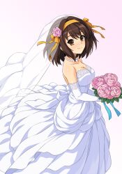 Rule 34 | 1girl, bare shoulders, bouquet, breasts, bridal veil, brown eyes, brown hair, cleavage, closed mouth, commentary request, dress, elbow gloves, female focus, flower, gloves, hair flower, hair ornament, hairband, haruhisky, highres, holding, holding bouquet, jewelry, large breasts, light blush, long dress, looking at viewer, medium breasts, medium hair, necklace, pearl necklace, pink flower, pink rose, ribbon, rose, short hair, simple background, smile, solo, split mouth, strapless, strapless dress, suzumiya haruhi, suzumiya haruhi no yuuutsu, veil, wedding dress, white background, white dress, white gloves, yellow hairband, yellow ribbon