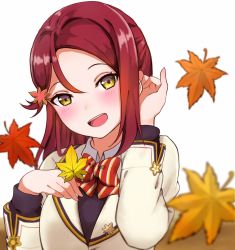Rule 34 | 10s, 1girl, :d, autumn leaves, bad id, bad pixiv id, badge, blush, bow, bowtie, button badge, hair ornament, tucking hair, half updo, hands up, highres, holding, holding leaf, leaf, leaf hair ornament, long sleeves, looking at viewer, love live!, love live! sunshine!!, mia (fai1510), open mouth, pinky out, red bow, red bowtie, red hair, sakurauchi riko, smile, solo, striped bow, striped bowtie, striped clothes, striped neckwear, upper body, white background, yellow eyes