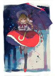 Rule 34 | 1girl, :|, absurdres, black gloves, black pantyhose, blonde hair, blouse, bow, bowtie, closed mouth, collared shirt, commentary, crystal, flandre scarlet, frilled skirt, frills, full body, gloves, hair between eyes, hat, hat bow, highres, holding, holding umbrella, juliet sleeves, long hair, long sleeves, looking at viewer, pantyhose, pointy ears, puffy sleeves, red bow, red bowtie, red eyes, red footwear, red skirt, shi chimi, shirt, shoes, side ponytail, skirt, slit pupils, solo, standing, standing on one leg, sun hat, touhou, umbrella, white hat, white shirt, wings