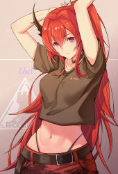 Rule 34 | 1girl, absurdres, arknights, arms up, belt, black belt, black choker, breasts, chinese commentary, choker, commentary request, crop top, cross, cross necklace, grey background, hair between eyes, hair intakes, highleg, highleg panties, highres, horns, jewelry, long hair, looking at viewer, medium breasts, midriff, navel, necklace, official alternate costume, panties, purple eyes, red hair, red skirt, rhodes island logo (arknights), skirt, solo, stomach, surtr (arknights), surtr (liberte echec) (arknights), underwear, unique (pixiv12704744), upper body, very long hair