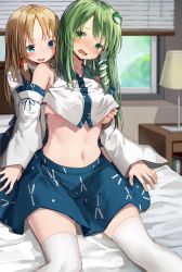 Rule 34 | 2girls, absurdres, bare shoulders, blonde hair, blue skirt, clothes lift, collared shirt, commentary request, detached sleeves, frog hair ornament, grabbing, grabbing another&#039;s breast, green hair, groping, hair ornament, hand under clothes, highres, huge filesize, incest, japanese clothes, kochiya sanae, lifting another&#039;s clothes, mamemochi, midriff, miko, miniskirt, moriya suwako, multiple girls, navel, no bra, nontraditional miko, on bed, parted bangs, shirt, shirt lift, sitting, skirt, sleeveless, sleeveless shirt, snake hair ornament, thighhighs, touhou, white legwear, white shirt, white sleeves, wide sleeves, window blinds, yuri