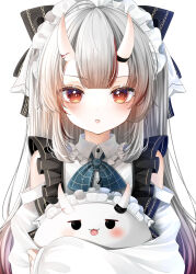 Rule 34 | 1girl, absurdres, black bow, blue ribbon, blush, bow, closed mouth, clothing cutout, collared shirt, commentary, creature, expressionless, frilled hairband, frilled shirt, frilled shirt collar, frills, gradient hair, grey hair, hair bow, hairband, highres, hololive, horns, lolita fashion, lolita hairband, long hair, long sleeves, looking at viewer, maid headdress, multicolored hair, nakiri ayame, nakiri ayame (girly), neck ribbon, official alternate costume, official alternate hairstyle, ohagetty, poyoyo (nakiri ayame), red eyes, red hair, ribbon, shirt, shoulder cutout, simple background, skin-covered horns, streaked hair, suspenders, upper body, virtual youtuber, white background, white shirt