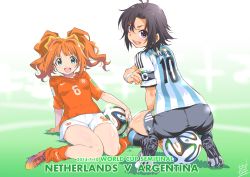 Rule 34 | 2014 fifa world cup, 2girls, antenna hair, argentina, armband, ass, ball, black hair, black socks, blush, brazuca, cleats, clothes writing, color connection, dated, dutch flag, from behind, green eyes, highres, idolmaster, idolmaster (classic), inoue sora, kikuchi makoto, kneehighs, long hair, looking at viewer, looking back, multiple girls, netherlands, open mouth, orange hair, pantylines, purple eyes, revision, ribbed legwear, short hair, shorts, signature, sitting, sitting on object, smile, soccer, soccer ball, soccer uniform, socks, sportswear, squatting, takatsuki yayoi, twintails, wariza, world cup, wristband