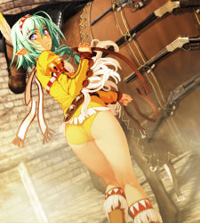 Rule 34 | 1girl, ahoge, alfie, ass, bell, belt, blurry, boots, brown footwear, carbine, colt buntline, cowboy western, depth of field, dutch angle, elf, feathers, feet out of frame, fringe trim, green hair, gun, hairband, handgun, headdress, henry model 1860, highres, horse, jingle bell, kneepits, legs, lever-action rifle, lever action, long hair, long sleeves, looking at viewer, looking back, native american, native american headdress, nishii (damnedrive), nitroplus, non-web source, parted lips, photoshop (medium), pointy ears, pump action, purple eyes, revolver, rifle, scarf, shotgun, solo, standing, tan, weapon, winchester, winchester model 1866, winchester model 1897, winchester rifle, zoku satsuriku no django