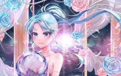 Rule 34 | 1girl, artist name, bad id, bad pixiv id, bara no maria, bare shoulders, blue eyes, blue flower, blue hair, blue rose, blush, character request, closed mouth, collarbone, flower, jewelry, long hair, looking away, necklace, ozzingo, pink flower, pink rose, rose, smile, solo