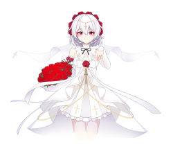 Rule 34 | 1girl, absurdres, bails, bare shoulders, bouquet, closed mouth, dress, flower, hair flower, hair ornament, highres, holding, holding bouquet, honkai (series), honkai impact 3rd, jewelry, looking at viewer, red eyes, red flower, red rose, ring, rose, simple background, sleeveless, sleeveless dress, solo, theresa apocalypse, theresa apocalypse (luna kindred), wedding dress, white background, white dress, white hair, white sleeves