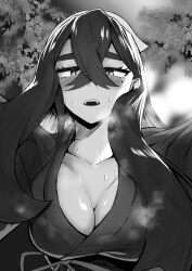 Rule 34 | 1girl, absurdres, breasts, carmine (pokemon), cleavage, collarbone, commentary request, creatures (company), crossed bangs, game freak, greyscale, hair between eyes, highres, ichikwa01, japanese clothes, kimono, large breasts, leaf, long hair, looking at viewer, mole, mole under eye, monochrome, nintendo, open mouth, outstretched arms, pokemon, pokemon sv, solo, sweat, teeth, upper teeth only, very long hair