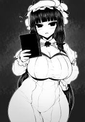 Rule 34 | 1girl, blush, book, breasts, cleavage, commentary request, crescent, crescent hat ornament, curvy, dress, flying sweatdrops, greyscale, hand on own hip, haseru (ginku mh), hat, hat ornament, holding, holding book, large breasts, long hair, long sleeves, looking at viewer, mob cap, monochrome, open mouth, patchouli knowledge, sidelocks, solo, touhou, very long hair