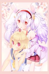 Rule 34 | 2girls, animal ears, ayanami (azur lane), azur lane, bare arms, blue sailor collar, blush, border, camisole, cherry blossoms, closed mouth, commentary request, crop top, fake animal ears, flower, hand on another&#039;s shoulder, headgear, highres, hujikok, jacket, laffey (azur lane), light brown hair, long hair, long sleeves, looking at another, looking at viewer, multiple girls, neckerchief, pink background, pink border, pink jacket, pleated skirt, ponytail, rabbit ears, red eyes, red skirt, sailor collar, skirt, sleeveless, smile, thighhighs, tongue, tongue out, twintails, v, white hair, white legwear, zettai ryouiki, zipper
