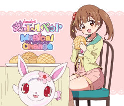 Rule 34 | 1girl, :d, blunt bangs, blush, bread, brown eyes, brown hair, chair, collarbone, copyright name, flat chest, food, hair bobbles, hair ornament, hair ribbon, highres, holding, holding food, jacket, jewelpet (series), jewelpet magical change, jewelry, kirara airi, kneehighs, long sleeves, looking at viewer, medium hair, melon bread, mohei, open mouth, pendant, pink footwear, pink shorts, rabbit, ribbon, ruby (jewelpet), shirt, shorts, sidelocks, simple background, sitting, smile, socks, striped clothes, striped shirt, table, tablecloth, tray, twintails, two-tone background, white shirt, yellow jacket, yellow ribbon, yellow socks