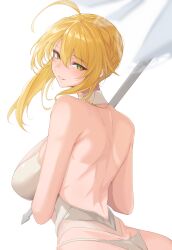 Rule 34 | 1girl, absurdres, ahoge, artoria pendragon (all), artoria pendragon (fate), artoria pendragon (swimsuit ruler) (fate), artoria pendragon (swimsuit ruler) (second ascension) (fate), back, bare shoulders, blush, braid, breasts, fate/grand order, fate (series), french braid, highres, large breasts, long hair, looking at viewer, looking back, one-piece swimsuit, parasol, sidelocks, smile, solo, swimsuit, umbrella, vanko (vank0a), white background, white one-piece swimsuit