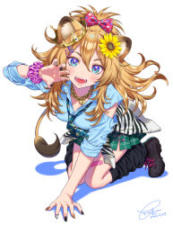 Rule 34 | 1girl, all fours, animal ears, blonde hair, blue eyes, blush, bow, crown, fangs, flower, hair between eyes, hair bow, hair flower, hair ornament, jewelry, lion ears, lion tail, long hair, looking at viewer, morikura en, nail polish, necklace, necktie, open mouth, original, school uniform, skirt, solo, tail, torn clothes