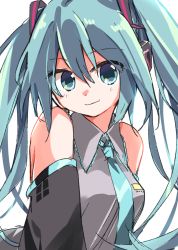 Rule 34 | 1girl, arms at sides, blue eyes, blue hair, blue necktie, blush, closed mouth, collared shirt, detached sleeves, grey shirt, hair between eyes, hatsune miku, highres, long hair, looking at viewer, matsuda hikari, necktie, shirt, simple background, smile, solo, tsurime, upper body, vocaloid, white background