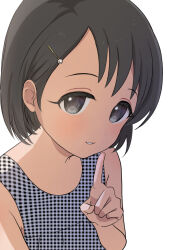 1girl black_eyes black_hair commentary_request dress finger_to_mouth gingham_dress hair_ornament hairclip idolmaster idolmaster_cinderella_girls looking_at_viewer megabee_e parted_lips sasaki_chie short_hair shushing simple_background sleeveless sleeveless_dress solo white_background