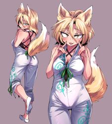 Rule 34 | 1girl, :3, animal ears, blonde hair, breasts, cleavage, double fox shadow puppet, fangs, fox ears, fox girl, fox shadow puppet, fox tail, green ribbon, kudamaki tsukasa, medium breasts, ribbon, romper, shimizu pem, simple background, sleeveless, smile, solo, tail, touhou, white romper, yellow eyes
