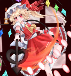 Rule 34 | 1girl, absurdres, ascot, back bow, bow, closed mouth, danmaku, feet out of frame, flandre scarlet, frilled skirt, frills, hat, hat ribbon, highres, holding, holding polearm, holding weapon, indoors, kani miso gunkan, kneehighs, laevatein (touhou), light smile, long hair, looking at viewer, mob cap, multicolored wings, polearm, red eyes, red ribbon, red skirt, red vest, ribbon, shirt, side ponytail, skirt, skirt set, socks, solo, touhou, vest, weapon, white bow, white hat, white shirt, white socks, wings, wrist cuffs, yellow ascot