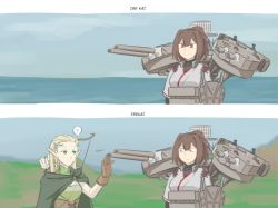 Rule 34 | 2girls, blonde hair, bow (weapon), braid, breasts, brown eyes, brown hair, cape, comic, corset, elf, gloves, green eyes, ise (kancolle), kantai collection, medium breasts, multiple girls, pointy ears, pun, quiver, rigging, short hair, takumoto, turret, weapon