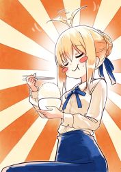 Rule 34 | 1girl, :t, ahoge, ahoge wag, artoria pendragon (all), artoria pendragon (fate), bad id, bad twitter id, blonde hair, blue neckwear, blue ribbon, blue skirt, bowl, braid, chopsticks, closed eyes, closed mouth, collared shirt, commentary request, eating, expressive hair, fate/stay night, fate (series), food, food on face, hair between eyes, hair bun, hair ribbon, happy, holding, long sleeves, looking at viewer, miruto netsuki, ribbon, rice, rice bowl, saber (fate), shirt, single hair bun, skirt, smile, solo, sunburst, white shirt, wing collar