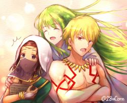 Rule 34 | 1girl, 2boys, :o, blonde hair, bridal gauntlets, brown eyes, brown hair, commentary request, crossed arms, dress, earrings, enkidu (fate), closed eyes, fate/grand order, fate (series), gilgamesh (fate), green dress, green hair, hand on another&#039;s shoulder, headband, hug, hug from behind, jewelry, long hair, mouth veil, multiple boys, necklace, nyaa kitsune, red eyes, red headband, short hair, siduri (fate), single bare shoulder, stone tablet, tattoo, twitter username, veil, white hood