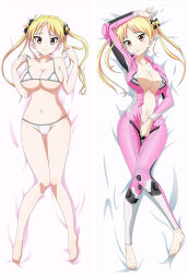 1girl artist_request bakuon!! barefoot biker_clothes bikesuit bikini blonde_hair bodysuit breasts cameltoe cleavage dakimakura_(medium) feet knees_together_feet_apart large_breasts long_hair micro_bikini navel no_bra official_art suzunoki_rin swimsuit underboob unzipped white_bikini