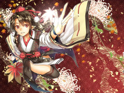 Rule 34 | 1girl, abo (hechouchou), alternate hairstyle, black hair, black thighhighs, bridal gauntlets, detached sleeves, expressionless, flower, folding fan, glowing, hand fan, hat, kourindou tengu costume, leaf, leaf fan, lips, looking at viewer, maple leaf, outstretched hand, over-kneehighs, parted lips, pointy ears, ponytail, red background, red eyes, seigaiha, shameimaru aya, shippou (pattern), short hair, sidelocks, solo, thighhighs, tokin hat, touhou