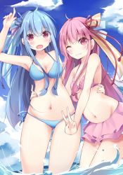 Rule 34 | 2girls, :d, ahoge, arm up, bare arms, bare shoulders, bikini, blue bikini, blue hair, blue ribbon, blue sky, blush, breasts, cleavage, closed mouth, cloud, cloudy sky, collarbone, commentary request, day, hair ribbon, hand on another&#039;s waist, horizon, kotonoha akane, kotonoha aoi, kyuukon (qkonsan), long hair, medium breasts, multiple girls, navel, ocean, one eye closed, open mouth, outdoors, pink bikini, pink eyes, pink hair, red eyes, red ribbon, ribbon, siblings, sisters, sky, smile, swimsuit, v, very long hair, voiceroid, wading, water