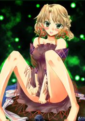 Rule 34 | 1girl, bad id, bad pixiv id, barefoot, blonde hair, blush, breasts, covering privates, covering crotch, dress, female focus, green eyes, impossible clothes, impossible dress, mizuhashi parsee, no panties, orico, orimoto asami, pointy ears, short hair, sitting, solo, spread legs, touhou