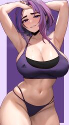 Rule 34 | 1girl, absurdres, arm behind back, armpits, arms up, boku no hero academia, bra, brand name imitation, breasts, cleavage, edmun6969, half-closed eyes, hand in own hair, highres, lady nagant, large breasts, looking at viewer, mature female, medium hair, multi-strapped panties, multicolored hair, navel, panties, parted lips, pink hair, presenting armpit, purple background, purple bra, purple eyes, purple hair, purple panties, smile, solo, sports bra, stomach, streaked hair, sweat, thighs, two-tone hair, underwear