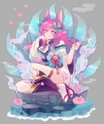 Rule 34 | 1girl, absurdres, ahri (league of legends), animal ears, artist name, bare shoulders, blue eyes, breasts, cleavage, diorama, dress, facial mark, fingernails, flower, fox ears, fox tail, gradient hair, grin, hand on own chin, highres, isosceless, knees up, korean clothes, kyuubi, league of legends, lily pad, long fingernails, long hair, long sleeves, lotus, multicolored hair, multiple tails, ojou-sama pose, petals, rock, sandals, short dress, sitting, sitting on rock, smile, smoke, solo, spirit blossom ahri, tail, thighhighs, thighs, traditional clothes, vastaya, water, whisker markings, wide sleeves, zettai ryouiki