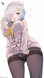 Rule 34 | 10s, 1girl, ?, absurdres, blue eyes, blush, breasts, brown pantyhose, cardigan, crotch seam, dutch angle, eyebrows, from below, gluteal fold, gusset, hair ornament, hair over one eye, hairclip, hamakaze (kancolle), highres, kantai collection, katoroku, large breasts, no pants, one eye closed, open mouth, panties, panties under pantyhose, pantyhose, rubbing eyes, school uniform, serafuku, silver hair, simple background, sleepy, sleeves past wrists, solo, thighband pantyhose, twitter username, underwear, white background, white panties