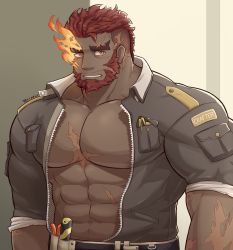 Rule 34 | 1boy, abs, bara, blush, eyebrow cut, facial hair, flaming eye, hephaestus (housamo), highres, jacket, large pectorals, looking at viewer, male focus, manly, muscular, open clothes, open jacket, orange eyes, pectorals, red hair, scar, solo, terraxle, thick eyebrows, tokyo houkago summoners, topless male, upper body