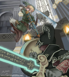 Rule 34 | 2boys, armor, blonde hair, boots, bow (weapon), darknut, fighting, hat, helmet, holding, holding sword, holding weapon, indoors, link, male focus, master sword, motion blur, multiple boys, nintendo, ornate, pointy ears, runes, scabbard, sheath, shield, sword, the legend of zelda, weapon