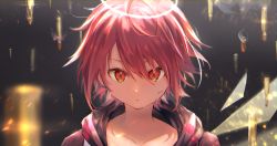 Rule 34 | 1girl, arknights, blood, blood on face, bullet, closed mouth, collarbone, expressionless, exusiai (arknights), glass shards, hair between eyes, halo, hood, hoodie, looking at viewer, omelet tomato, portrait, red hair, red hoodie, scar, shattered, short hair, solo