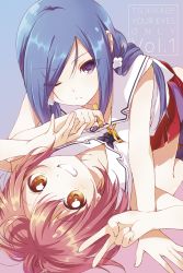 Rule 34 | 10s, 2girls, absurdres, all fours, asymmetrical docking, blue hair, blush, breast press, brown eyes, closed mouth, collarbone, expressionless, hanzoumon yuki, highres, long hair, looking at viewer, lying, minamoto momo, multiple girls, namori, official art, on back, one eye closed, parted lips, pink hair, purple eyes, red skirt, release the spyce, short hair, skirt, smile, teeth, v