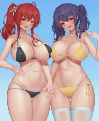 Rule 34 | 2girls, :d, :q, absurdres, ahoge, azur lane, bare shoulders, bikini, black bikini, blue hair, blue sky, blush, breasts, cleavage, collarbone, commentary request, cowboy shot, day, gluteal fold, groin, hair between eyes, halterneck, highres, holding hands, interlocked fingers, large breasts, long hair, looking at viewer, lowleg, lowleg bikini, micro bikini, midriff, multiple girls, naughty face, navel, o-ring, o-ring bikini, o-ring bottom, o-ring top, official alternate costume, open mouth, outdoors, pinkcap, pola (azur lane), pola (seaside coincidence) (azur lane), red hair, side-tie bikini bottom, side ponytail, sidelocks, skindentation, sky, smile, standing, stomach, strap gap, string bikini, swimsuit, thigh gap, thighhighs, thighs, tongue, tongue out, twintails, underboob, white legwear, yellow bikini, yellow eyes, zara (azur lane), zara (poolside coincidence) (azur lane)