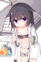 Rule 34 | 1girl, animal ears, bikini, bikini under clothes, black bikini, black hair, blush, closed mouth, collarbone, commentary request, cup, drinking glass, flat chest, food, grey umbrella, hair between eyes, holding, holding cup, holding umbrella, long hair, long sleeves, looking at viewer, navel, open clothes, open shirt, original, purple eyes, shirt, simple background, smile, solo, striped, swimsuit, umbrella, white background, white shirt, yuuhagi (amaretto-no-natsu)