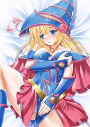 Rule 34 | 1girl, aphrodisiac, artist request, bare shoulders, blonde hair, blue eyes, blush, boots, grabbing another&#039;s breast, breasts, dark magician girl, female focus, female masturbation, fingering, gauntlets, grabbing, hat, long hair, lying, masturbation, pussy juice, grabbing own breast, solo, spread legs, through clothes, wizard hat, yu-gi-oh!