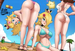 Rule 34 | !?, 3girls, absurdres, arm support, artist name, ass, back, bare arms, bare legs, bare shoulders, beach, bent over, bikini, black choker, black footwear, block (object), blonde hair, blue bikini, blue eyes, blue sky, blush, breasts, brown hair, choker, closed eyes, closed mouth, cloud, coconut, coconut tree, collarbone, crown, daisy, earrings, echo saber, empty block, eyelashes, flag, flipped hair, floating, flower, from behind, glowing, groin, hair flower, hair ornament, hair over one eye, hands on own hips, hands on own knees, hands up, heart, highres, horizon, huge ass, jewelry, large breasts, leaf, legs, legs together, lips, long hair, looking at viewer, looking up, luma (mario), mario (series), medium hair, multiple girls, nail polish, navel, nintendo, no socks, nose, ocean, orange lips, outdoors, palm tree, parted lips, pink bikini, pink flower, pink lips, pink nails, piranha plant, plant, polka dot, princess daisy, princess peach, red flag, rosalina, rotating block, sand, sand castle, sand sculpture, sandals, sharp teeth, shoulder blades, sitting, sky, smile, standing, star (symbol), star earrings, starfish, super star (mario), stomach, strap gap, sunglasses, super mario bros. 1, super mario galaxy, super mario land, swimsuit, teeth, thighs, tree, warp pipe, wedgie, white bikini, white flower