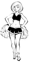 Rule 34 | 1girl, ann possible, bare legs, bare shoulders, blush, cheerleader, closed mouth, collarbone, disney, female focus, full body, greyscale, hands on own hips, kim possible (series), lips, looking at viewer, mature female, miniskirt, monochrome, navel, pom pom (cheerleading), ramb chop, short hair, skirt, sleeveless, smile, socks, solo, standing, stomach, swept bangs, wide hips