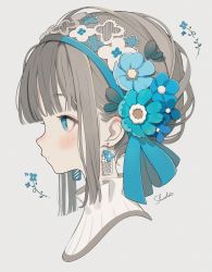 Rule 34 | 1girl, absurdres, blue bow, blue flower, blue ribbon, bow, cropped shoulders, earrings, flower, grey background, highres, jewelry, looking ahead, original, ribbon, shiraho (color-56), signature, simple background, solo