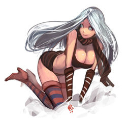 Rule 34 | 1girl, boots, breasts, cleavage, gloves, lowres, midriff, original, qiqo, scarf, silver hair, solo, striped clothes, striped scarf, striped thighhighs, thigh boots, thighhighs