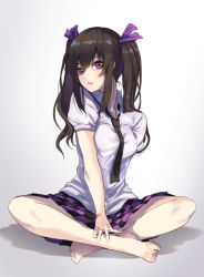 Rule 34 | 1girl, barefoot, black hair, black necktie, breasts, checkered clothes, checkered skirt, commentary, eyeshadow, feet, grey background, hair between eyes, hair ribbon, highres, himekaidou hatate, indian style, long hair, looking at viewer, makeup, necktie, no headwear, parted lips, puffy short sleeves, puffy sleeves, purple eyes, purple ribbon, purple skirt, re (re 09), ribbon, shadow, shirt, short sleeves, sidelocks, sitting, skirt, small breasts, solo, touhou, twintails, white shirt