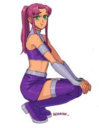 Rule 34 | 1girl, angry, boots, colored sclera, colored skin, dc comics, genniax, green sclera, high heels, highres, long hair, looking at viewer, orange skin, ponytail, purple tank top, starfire, tank top, teen titans, thigh boots