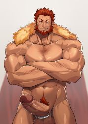 Rule 34 | 1boy, abs, arm hair, bara, beard, biceps, cape, chest hair, cock ring, cowboy shot, crossed arms, erection, facial hair, fate/grand order, fate/zero, fate (series), foreskin, fur-trimmed cape, fur trim, highres, iskandar (fate), large penis, looking at viewer, male focus, mature male, muscular, muscular male, naked cape, navel, navel hair, pectorals, penis, red cape, red eyes, red hair, seductive smile, sex toy, short hair, smile, solo, stomach, straight-on, tekkowang, thick thighs, thighs, uncensored, veins, veiny arms