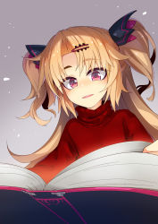 Rule 34 | 1girl, akatsuki uni, blonde hair, book, fangs, grey background, hair ornament, hairclip, highres, long hair, looking at viewer, ogami kazuki, open book, parted bangs, parted lips, red eyes, red sweater, solo, sweater, thick eyebrows, two side up, uni create, upper body, virtual youtuber
