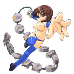 Rule 34 | 1980s (style), 1girl, bad id, bad pixiv id, bikini, bikini bottom only, blue bikini, blue sleeves, blue thighhighs, breasts, brown hair, chain mine, dd (ijigendd), detached sleeves, foreshortening, grey eyes, gundam, gundam 0080, kampfer (mobile suit), large breasts, loafers, looking at viewer, navel, nipples, o-ring, o-ring bottom, oldschool, outstretched arms, panties, personification, retro artstyle, shoes, short hair, simple background, solo, swimsuit, thighhighs, topless, unaligned breasts, underwear, weapon, white background