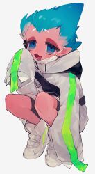Rule 34 | 1other, alternate costume, black hoodie, black shorts, blue eyes, blue hair, colored skin, cookie run, fangs, green trim, highres, hood, hoodie, humanization, long sleeves, looking at viewer, makoto (konbumi), mask, mouth mask, multicolored clothes, multicolored hoodie, open mouth, pink skin, pointy ears, short hair, shorts, skin fangs, sleeves past fingers, sleeves past wrists, smile, solo, sorbet shark cookie, squatting, white background, white footwear, white hoodie