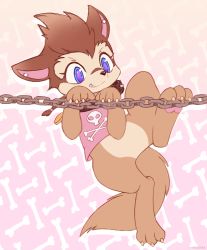 Rule 34 | 1girl, ancesra, animal ears, animal feet, animal hands, animal nose, artist name, blue eyes, body fur, bone, bottomless, brown fur, brown hair, chain, claws, clenched teeth, collar, drop shadow, earrings, fang, female focus, flat chest, full body, furry, furry female, gradient background, hands up, hanging, hotel transylvania, jewelry, leg up, multicolored eyes, pawpads, pink shirt, purple background, purple eyes, shirt, short hair, sketch, skull and crossbones, sleeveless, sleeveless shirt, snout, solo, spiked collar, spikes, spread legs, stud earrings, tail, teeth, watermark, winnie (hotel transylvania)
