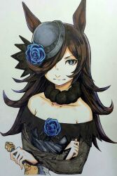 Rule 34 | 1girl, absurdres, animal ears, bare shoulders, blue flower, blue rose, breasts, brown hair, closed mouth, colored pencil (medium), cropped torso, dress, flower, fur choker, hair over one eye, hat, highres, horse ears, long hair, long sleeves, looking at viewer, off-shoulder dress, off shoulder, rice shower (umamusume), rose, small breasts, solo, traditional media, umamusume, upper body, utsuke (u tuk e)